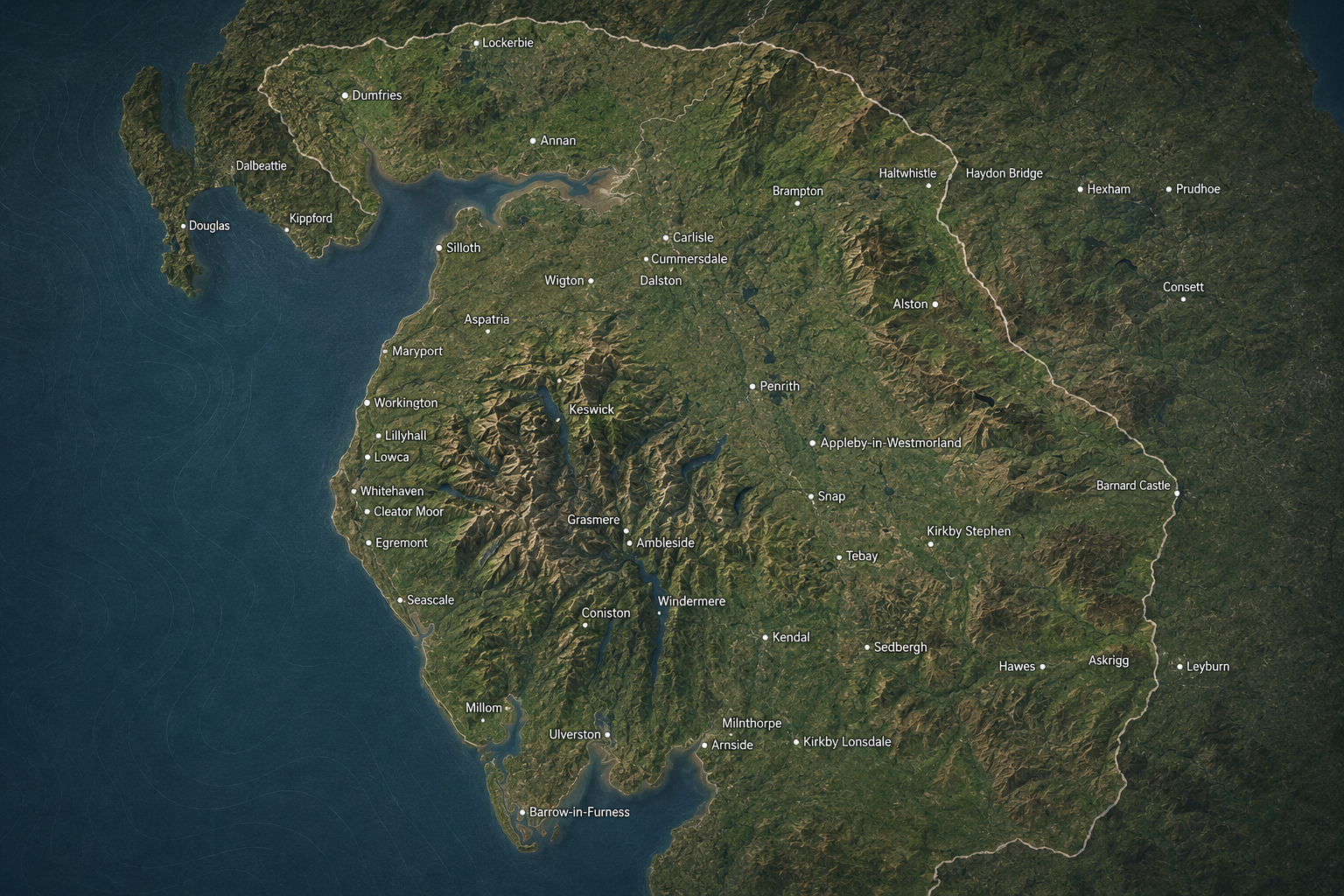 Relief map showing tree survey coverage area across Cumbria, the Lake District and the wider North West