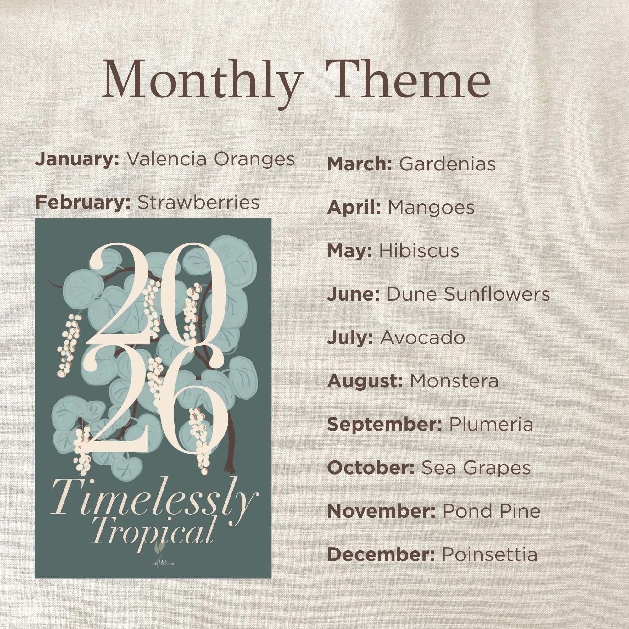 Leah Farquharson Art Timelessly Tropical Calendar Monthly themes.jpg