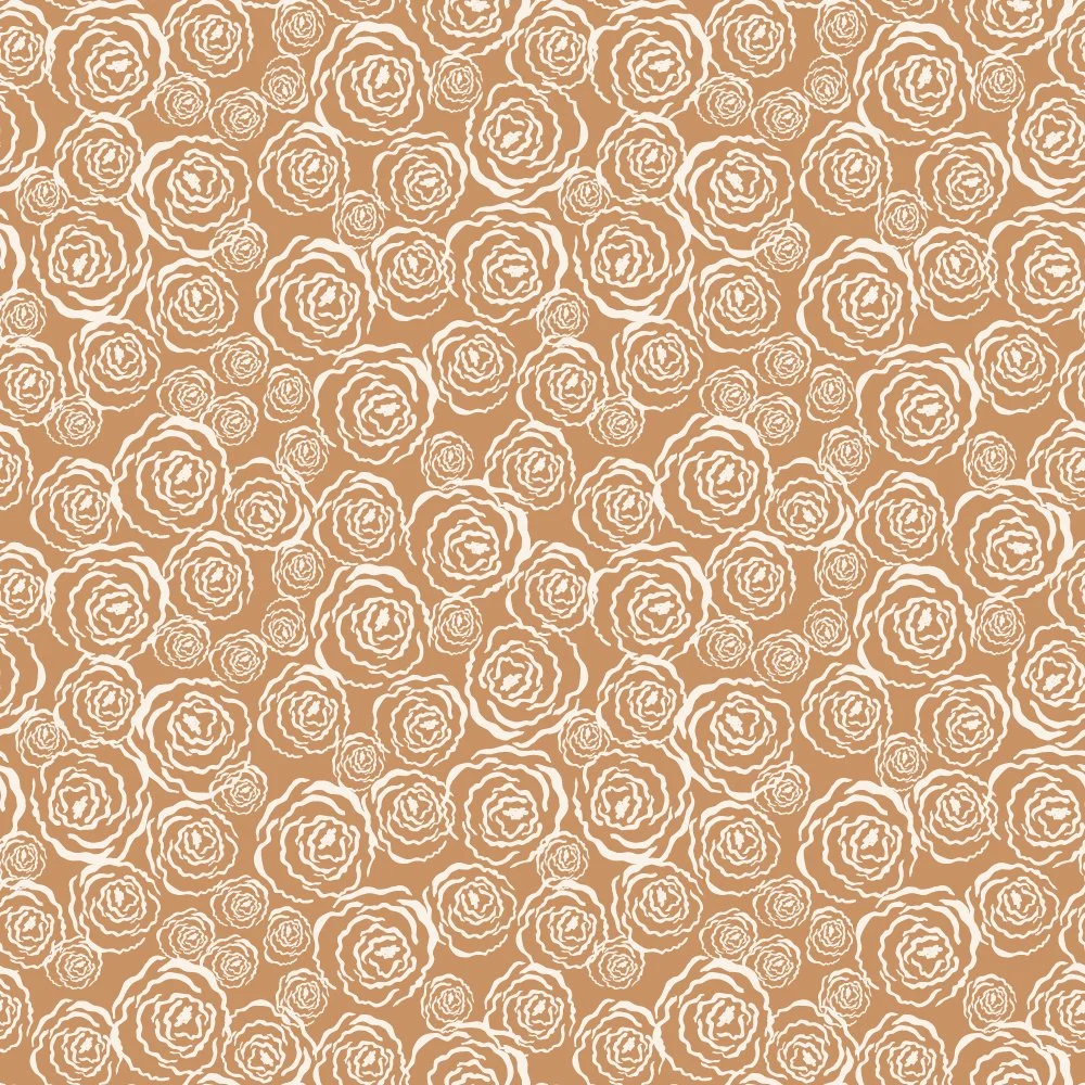 Seamless pattern featuring cream rosettes scattered across an ochre colored background