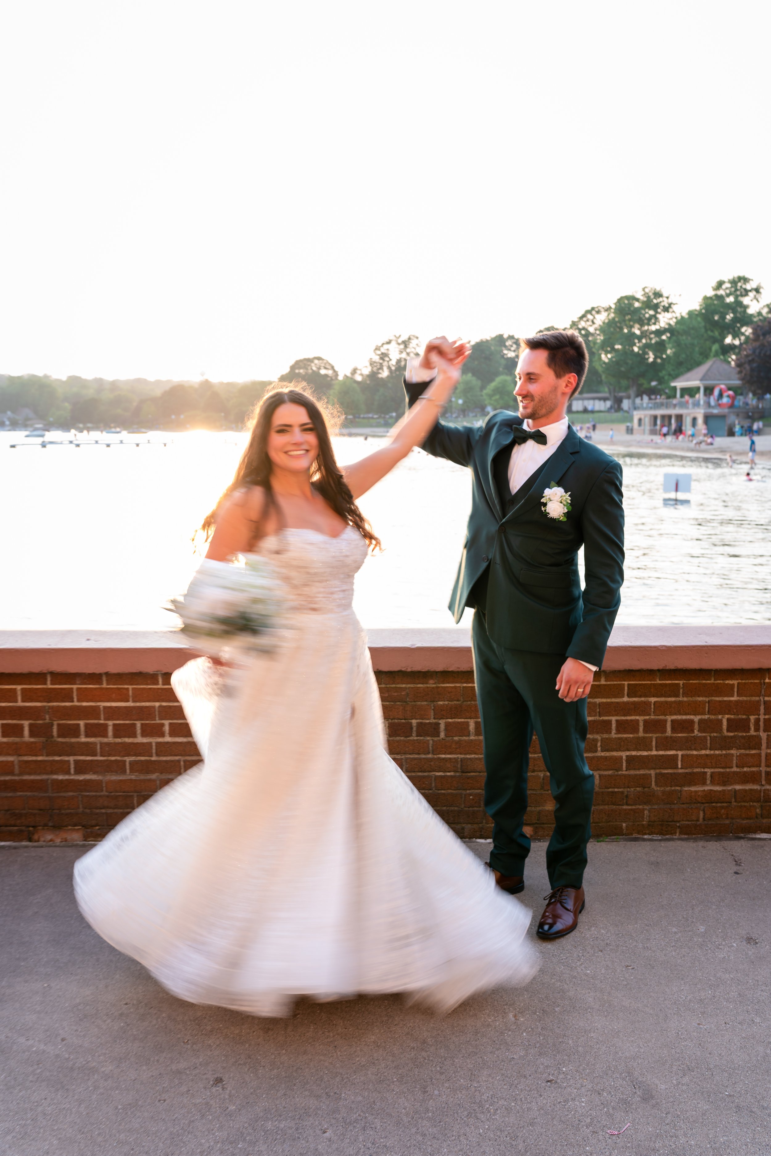 A bride and groom dancing