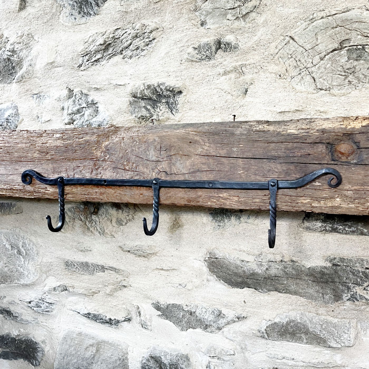 handmade forged triple wall hook with three hooks and scrolled ends