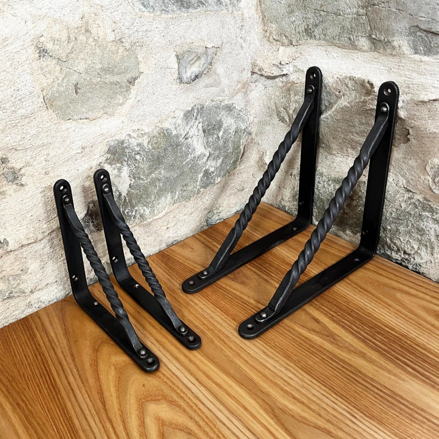Handmade forged twisted bar shelf brackets