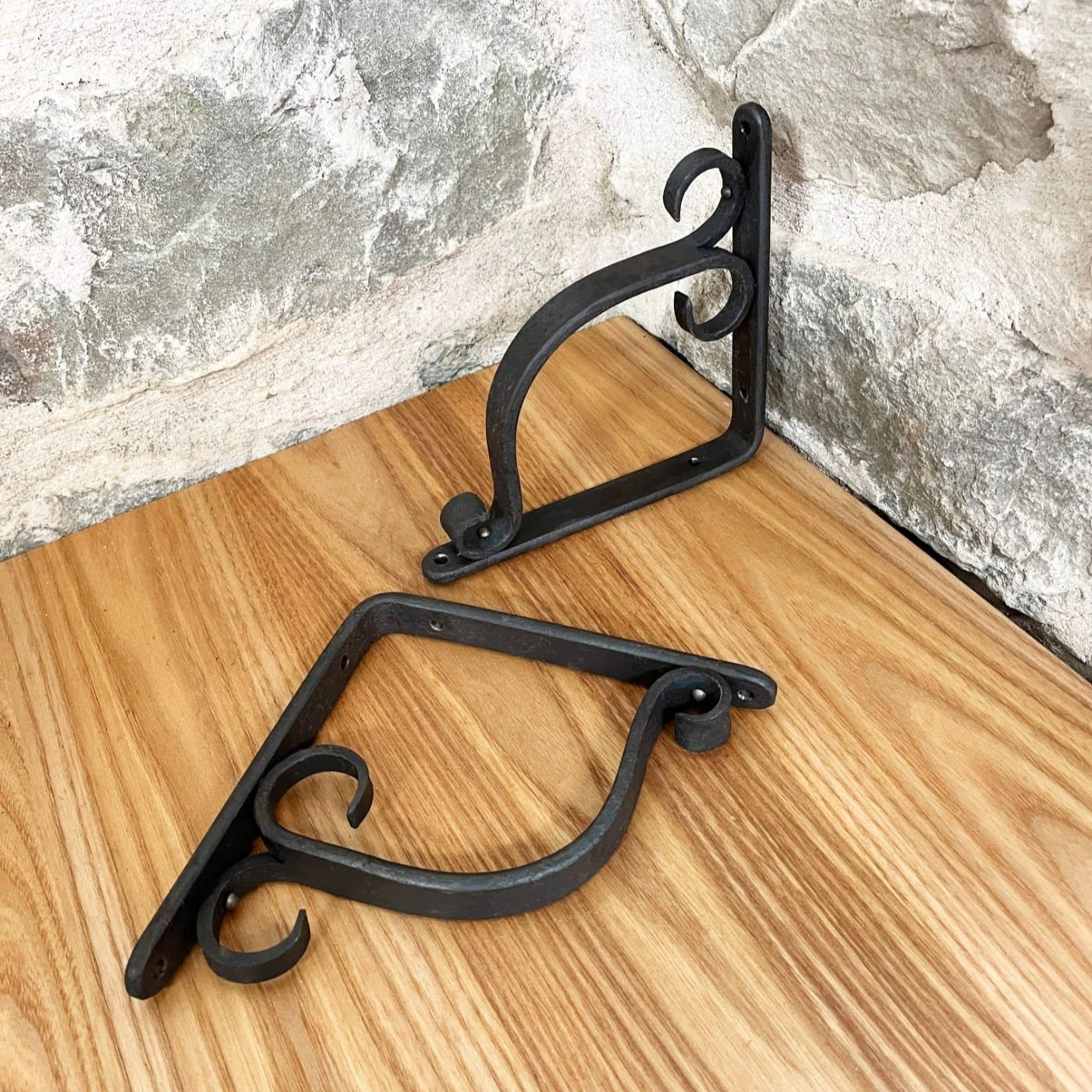 Handmade forged scroll shelf brackets with hooks