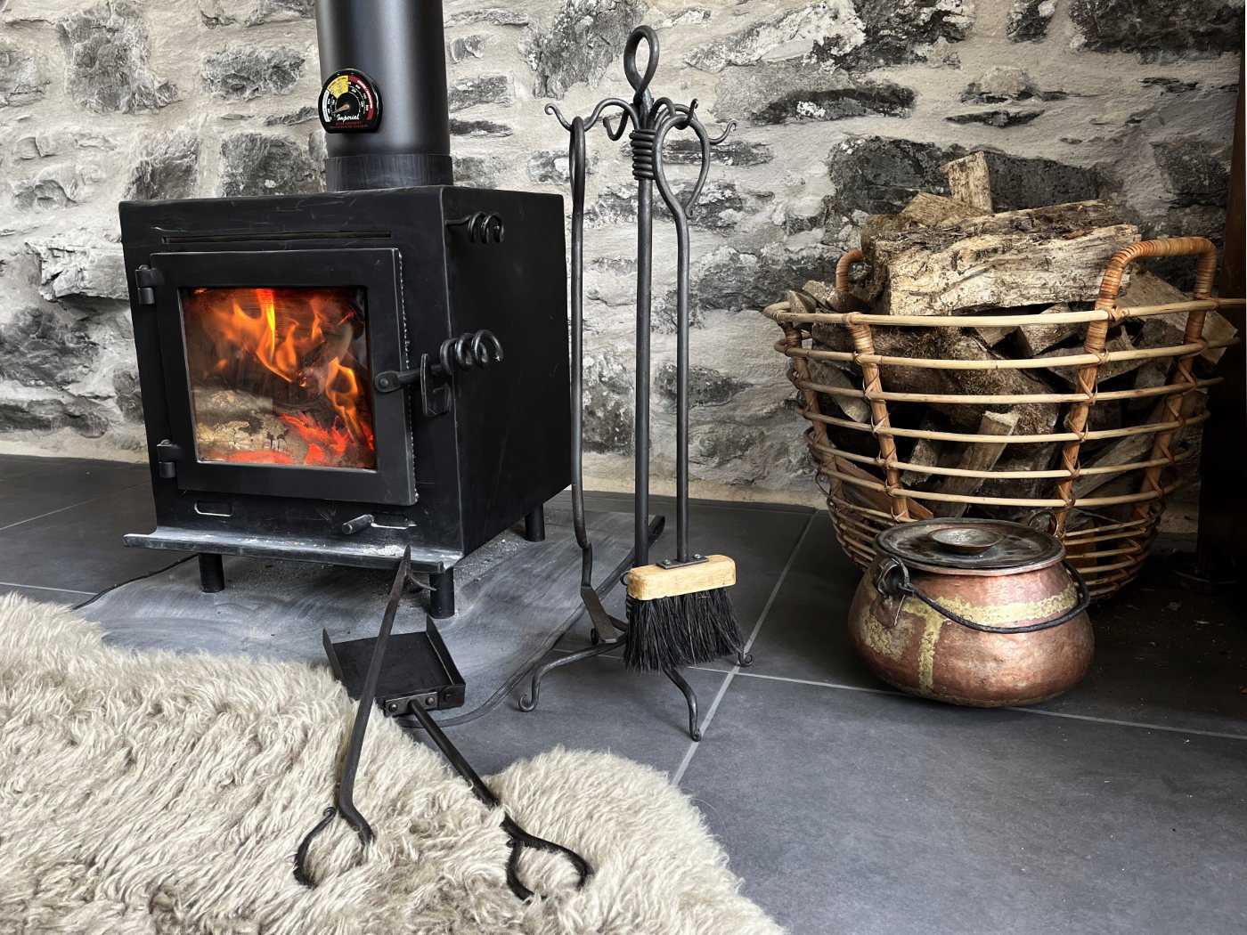 Forged vine blacksmith fireplace tool set with brush, pan, poker, and coal rake