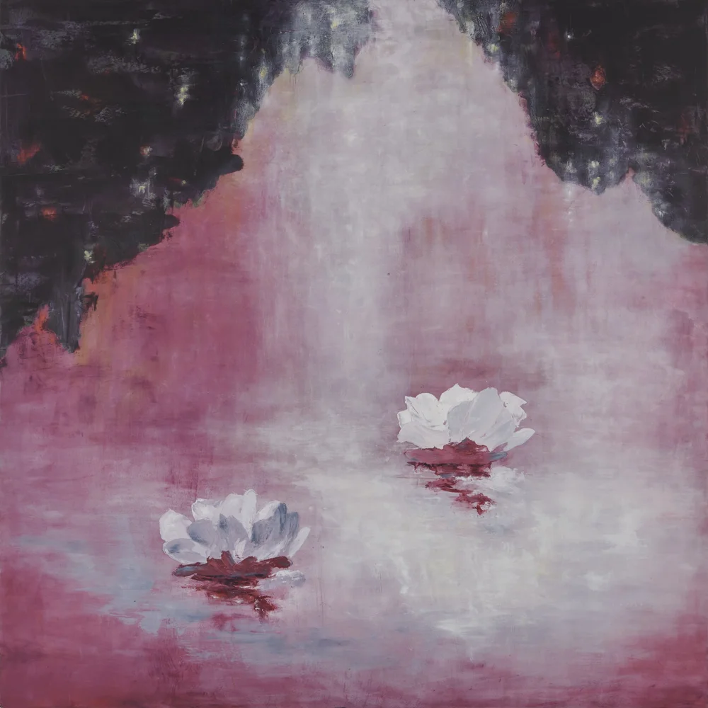 Sunset Canopy Reflections Where Two Lotuses Meet at the Waters Edge - 30 x 30 in