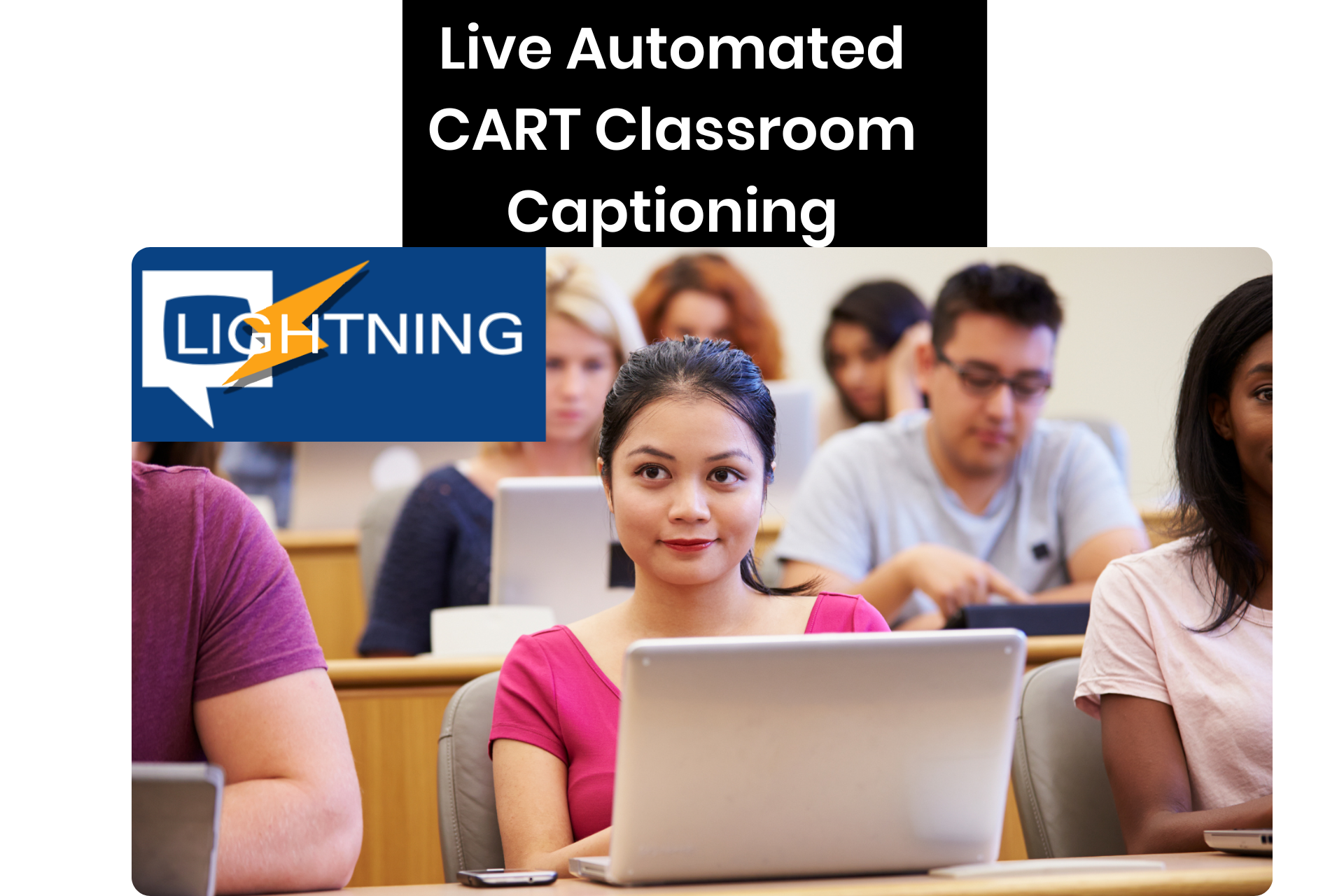 A female student smiles in front of her laptop in a lecture hall. Lightning Logo in top left corner.