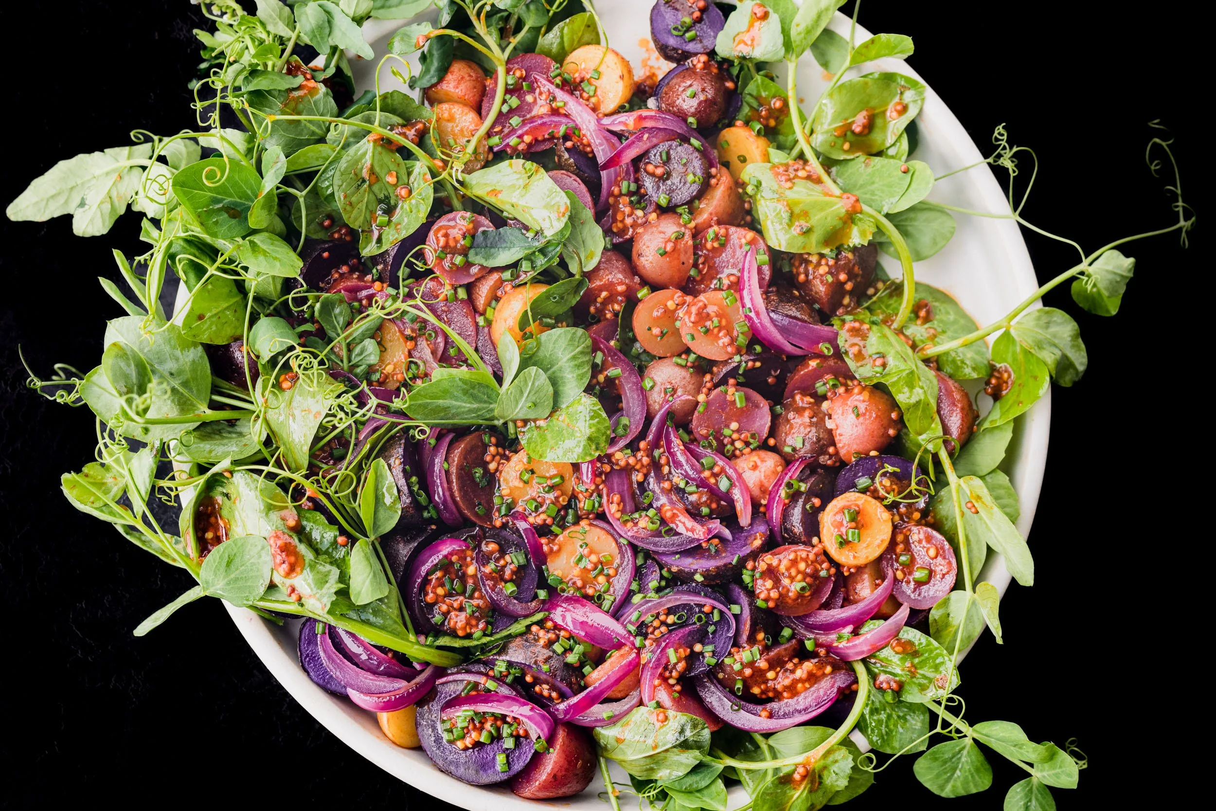 Colorful potato salad with watercress, red onions and a whole grain mustard vinaigrette on white black on a black background.