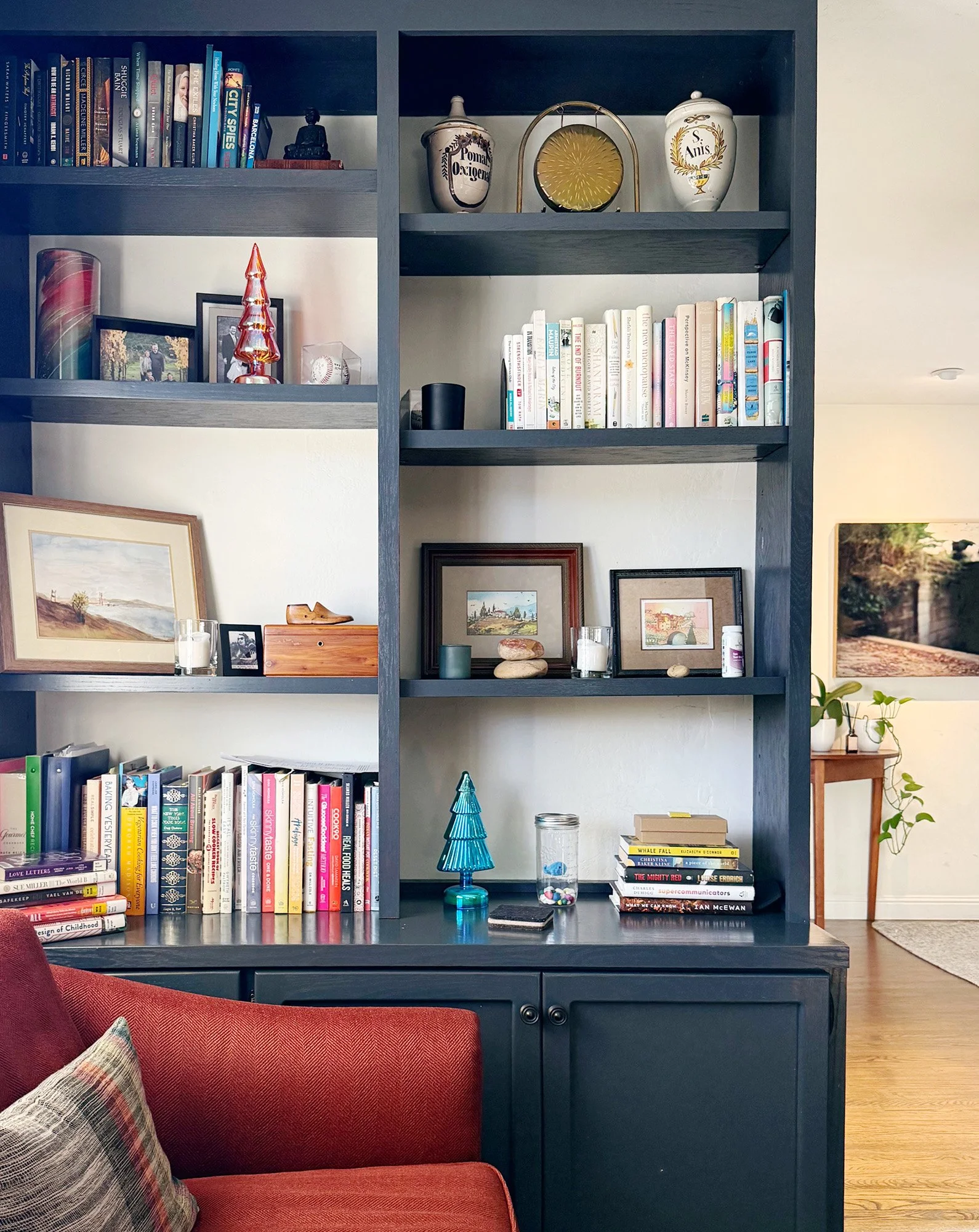 Built-in bookshelf with books and objects in Corte Madera living space