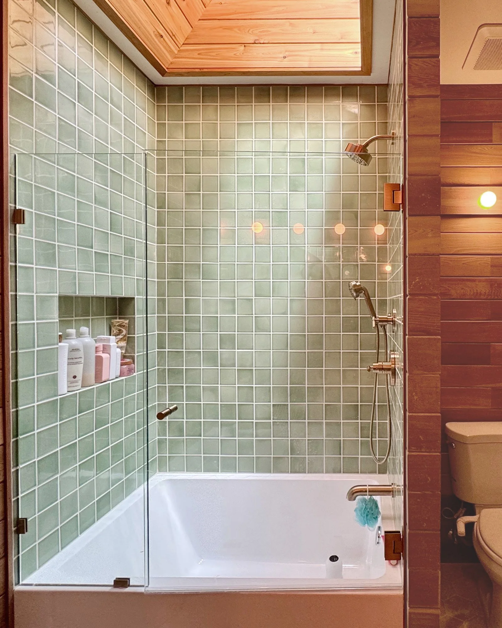 Green zellige tile shower with wood walls in Mill Valley bathroom
