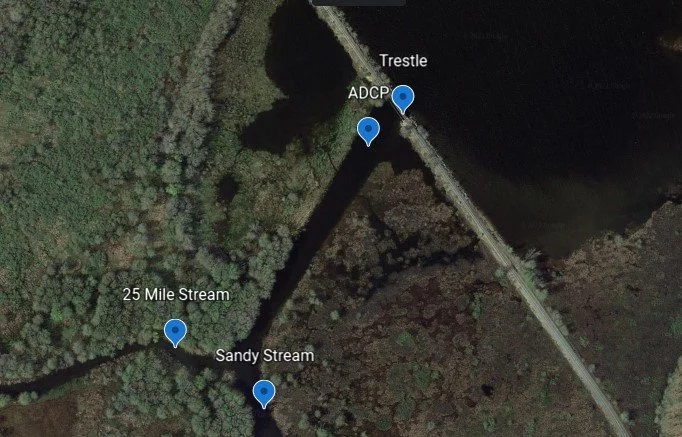 A satellite view showing 25 Mile Stream and Sandy Stream
