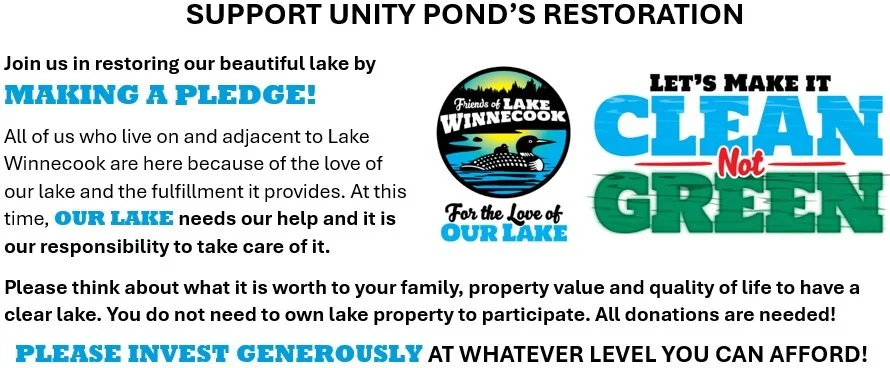 Flyer supporting the restoration of Lake Winnecock, with a logo featuring a lake scene, and messages encouraging to make a pledge, keep the lake clean, and donate generously.