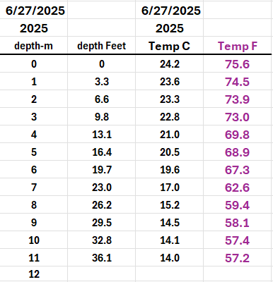Table showing water temperature and depth measurements in meters and feet for June 27, 2025. The temperature in degrees Celsius and Fahrenheit is listed for depths from 0 to 12 meters.