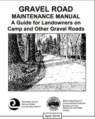 Cover page of a manual titled 'Gravel Road Maintenance Manual' with a black and white photo of a gravel road through a wooded area, dated April 2016.