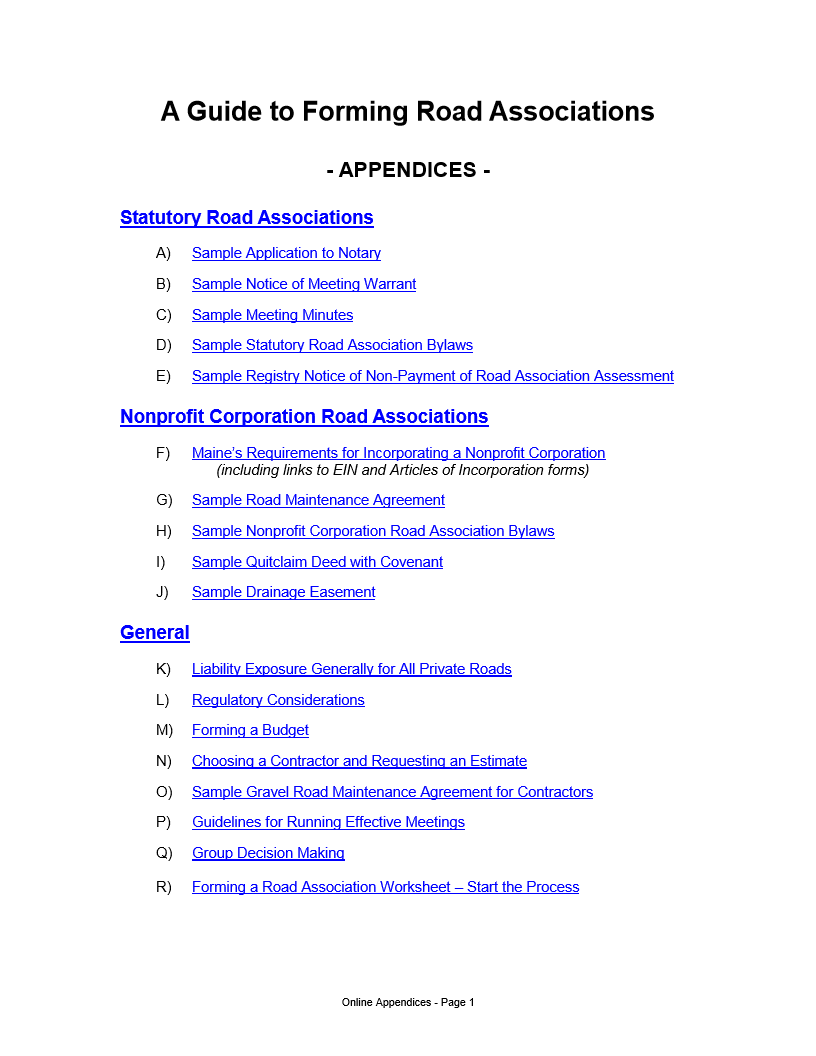 Table of contents for a guide titled 'A Guide to Forming Road Associations,' listing appendices on statutory, nonprofit, and general road association topics with clickable links.