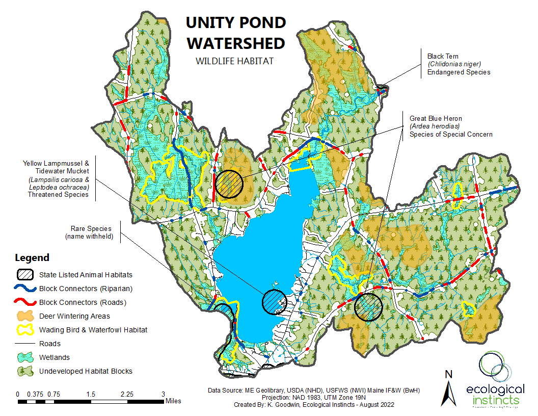 Map of Unity Pond Watershed showing wildlife habitats, roads, wetlands, habitat blocks, and conservation areas with legend and multiple water bodies.