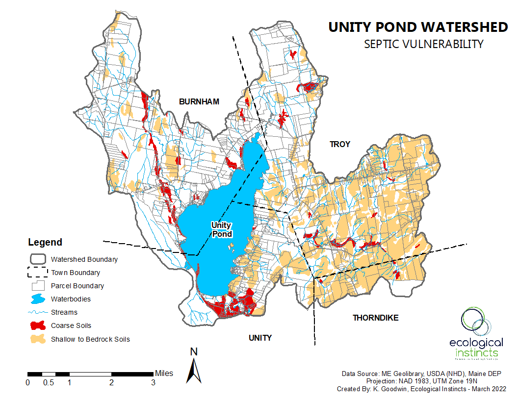 Map of Unity Pond Watershed showing septic vulnerability, with water bodies, streams, coarse and shallow to bedrock soils, watershed, town, and parcel boundaries. Key locations include Unity, Troy, Thorndike, and Burnham.