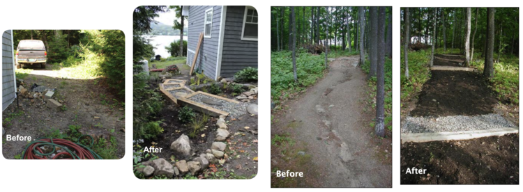 Sequence of images showing backyard improvements: first image shows a cluttered, uneven yard with a car and hoses; second image shows a landscaped yard with stepping stones and mulch; third image shows a dirt trail in a wooded area before improvements; fourth image shows the same trail after grading and new gravel.
