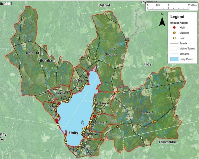 Map of a protected area around a lake, divided into sectors with impact ratings marked by colored dots. Roads, streams, and a Unity Pond are also shown, with various Maine towns nearby.