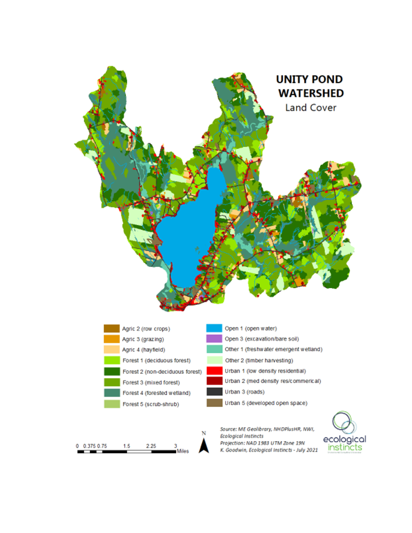 Map of Unity Pond watershed area showing different land cover types including lakes, forests, agricultural land, and urban areas, with a legend for land cover categories and a scale in miles.