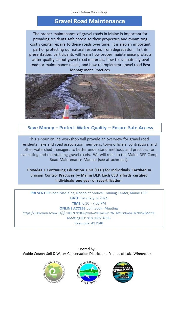 Flyer for a free online workshop on gravel road maintenance in Maine, featuring an image of a gravel road with a traffic cone and muddy water.