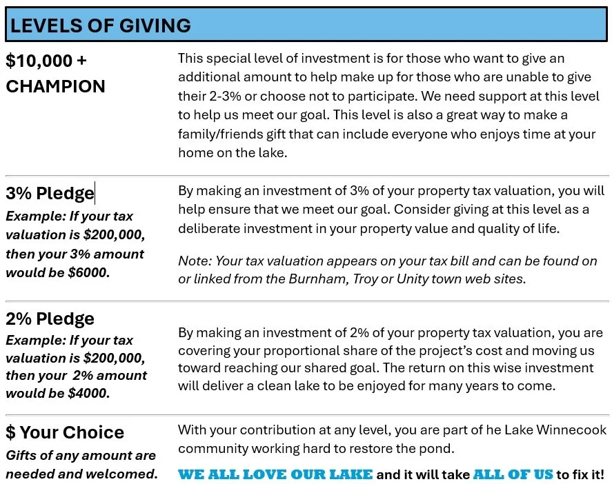 A chart titled 'Levels of Giving' with four levels of donation: $10,000+ champion, 3% pledge, 2% pledge, and your choice. Each level includes a description of its purpose and example calculations of tax benefits. The $10,000+ champion level supports those who want to give extra, with a note about family/friends gifts. The 3% pledge ensures the project reaches its goal through property tax contributions, with an example of tax savings. The 2% pledge shares the project's costs proportionally for long-term benefits. The 'Your Choice' option encourages community contributions with a statement about working together to restore the pond, ending with bolded text: 'WE ALL LOVE OUR LAKE' and 'ALL OF US'.