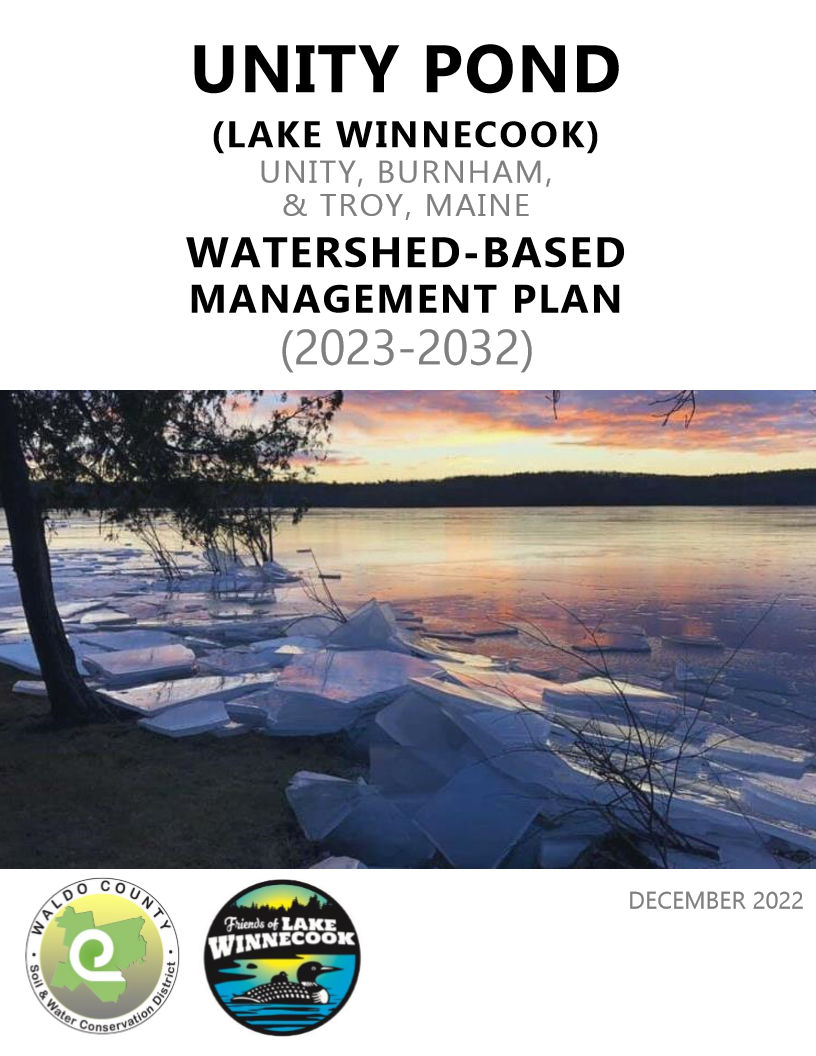 Cover page of the Watershed-Based Management Plan for Unity Pond, Lake Winnecook, in Unity, Burnham, and Troy, Maine, dated December 2022. The cover features a sunset over a frozen lake with ice and snow on the shoreline. There are logos of Waldo County Soil & Water Conservation District and Friends of Lake Winnecook at the bottom.