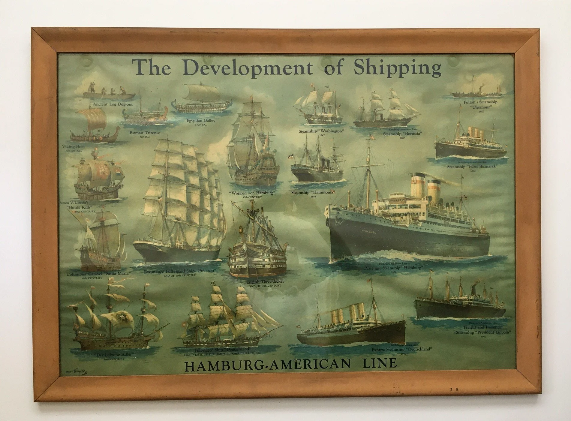 Hamburg America Line:  The Development of Shipping,  c. 1920's, offset lithograph, 26 x 37", framed