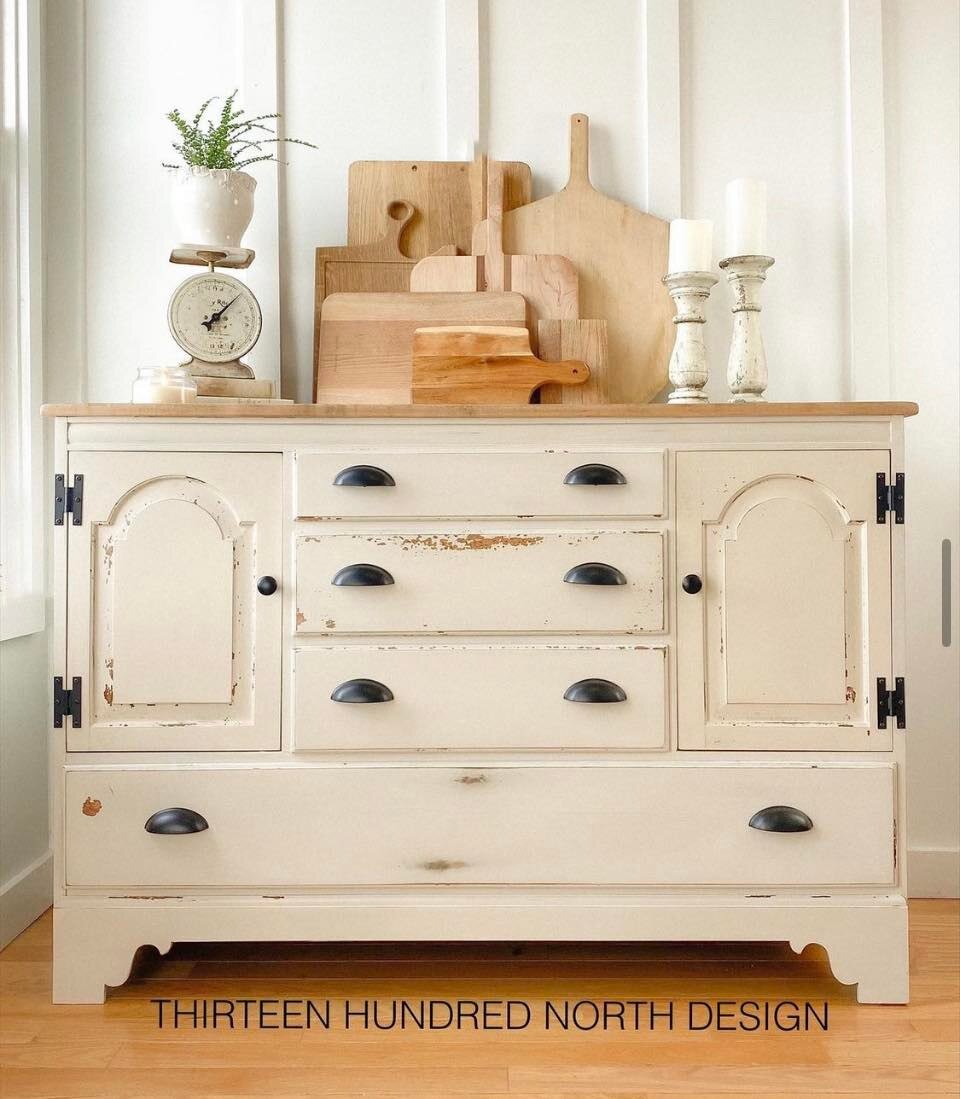 Want a neutral that will match everything but has more color than one of our whites? Marzipan is the perfect choice. It's a cooler alternative to Linen and warmer than Grain Sack. This dresser was refinished by @thirteenhundrednorthdesign. Marzipan l