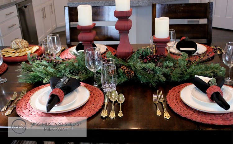 Christmas tablescape with milk painted pillar candle holders