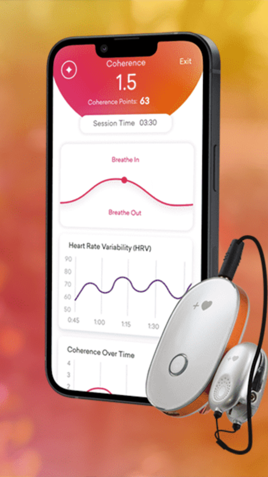 Mobile phone displaying a health app with coherence and heart rate variability graphs; a wearable heart rate monitor device is shown alongside.