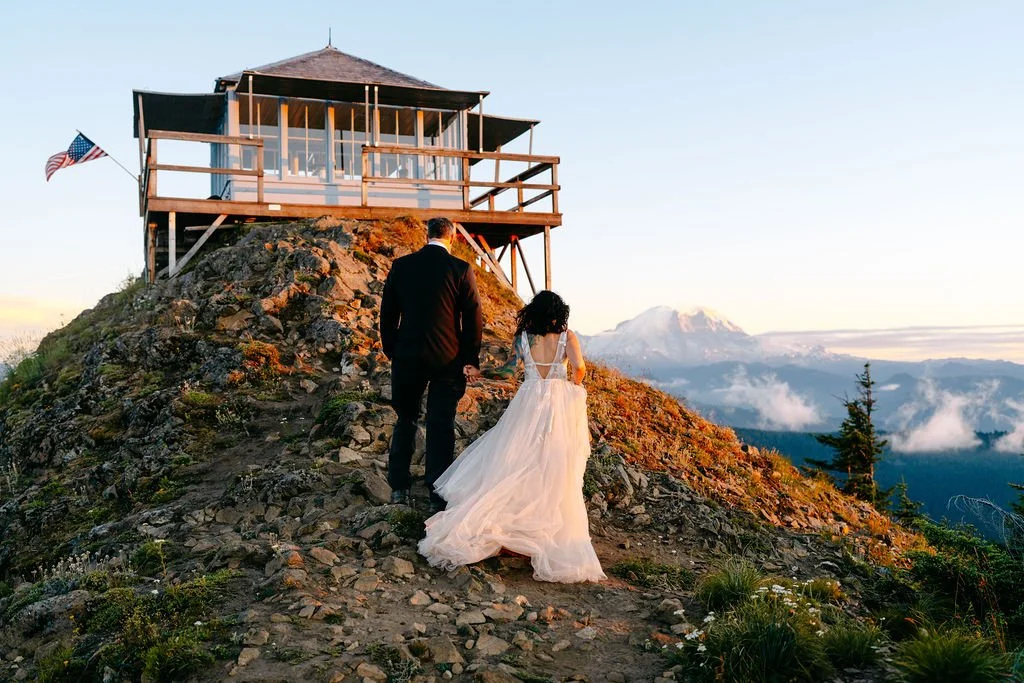 couple getting married at fire lookout near mount rainier national park