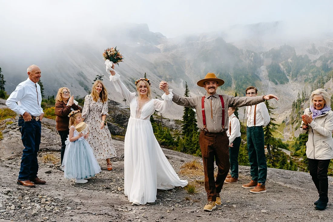 couple celebrating after ceremony at heather meadows artist point