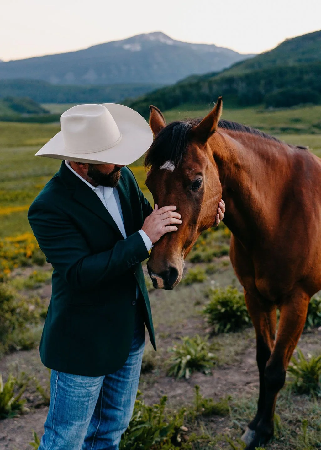 cowboy groom petting horse