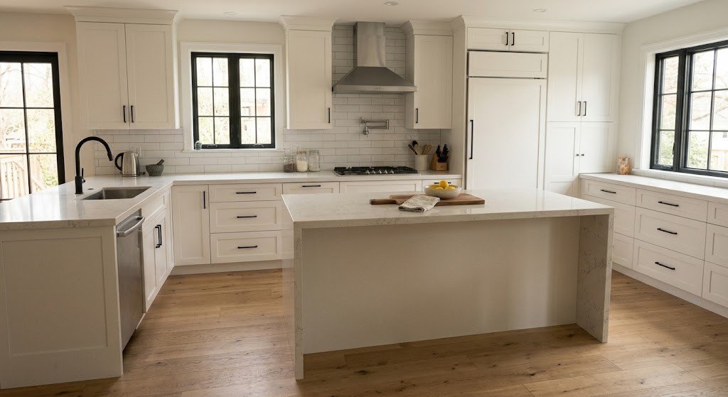 Quartz countertops in a white kitchen