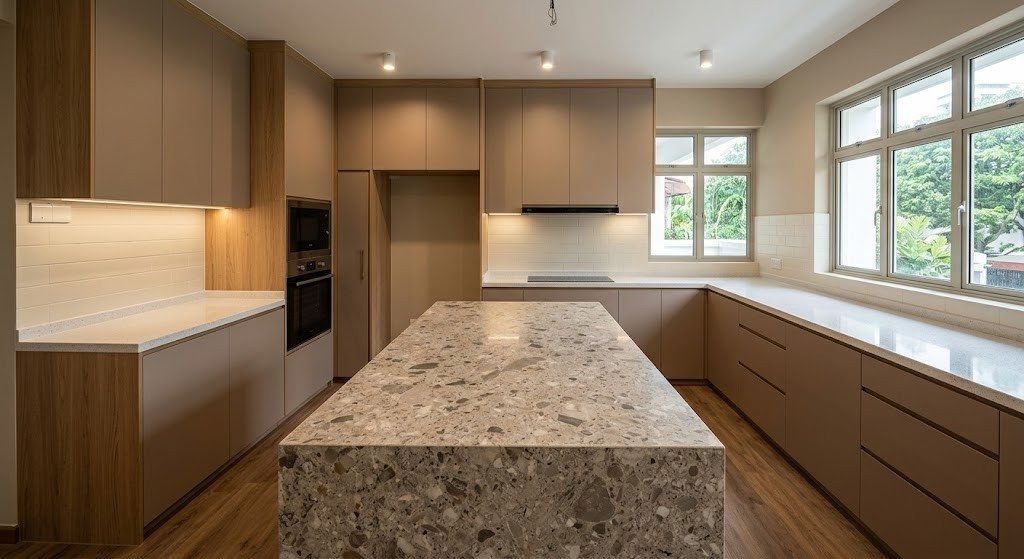 Sintered stone waterfall kitchen island