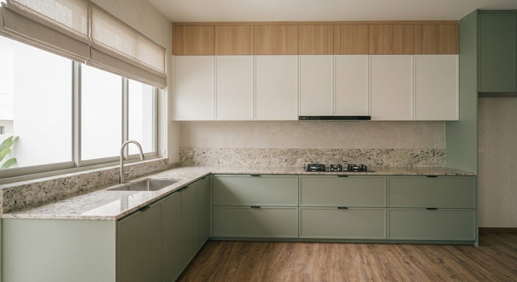 Sage green kitchen with granite tops
