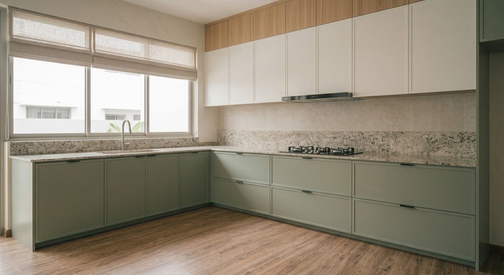 Sage and white kitchen with hob