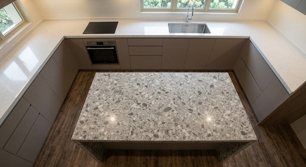 Top view of a U shaped stone kitchen