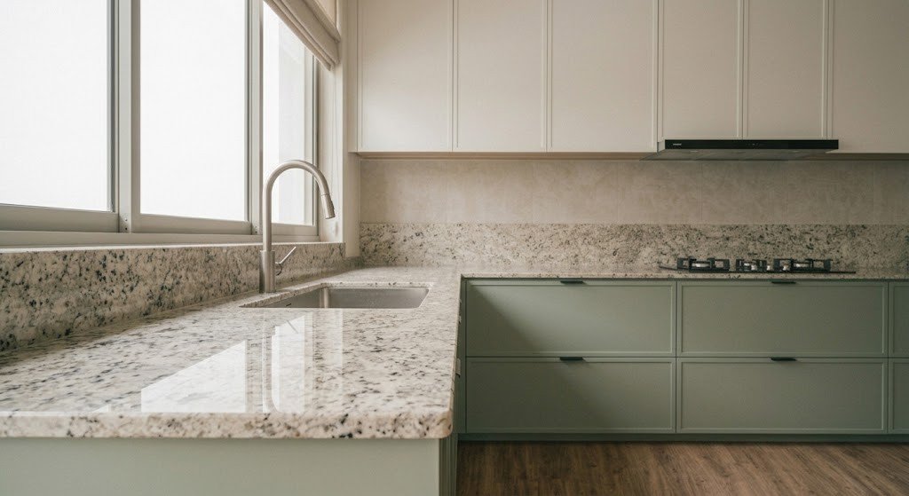 Polished granite countertop with sink