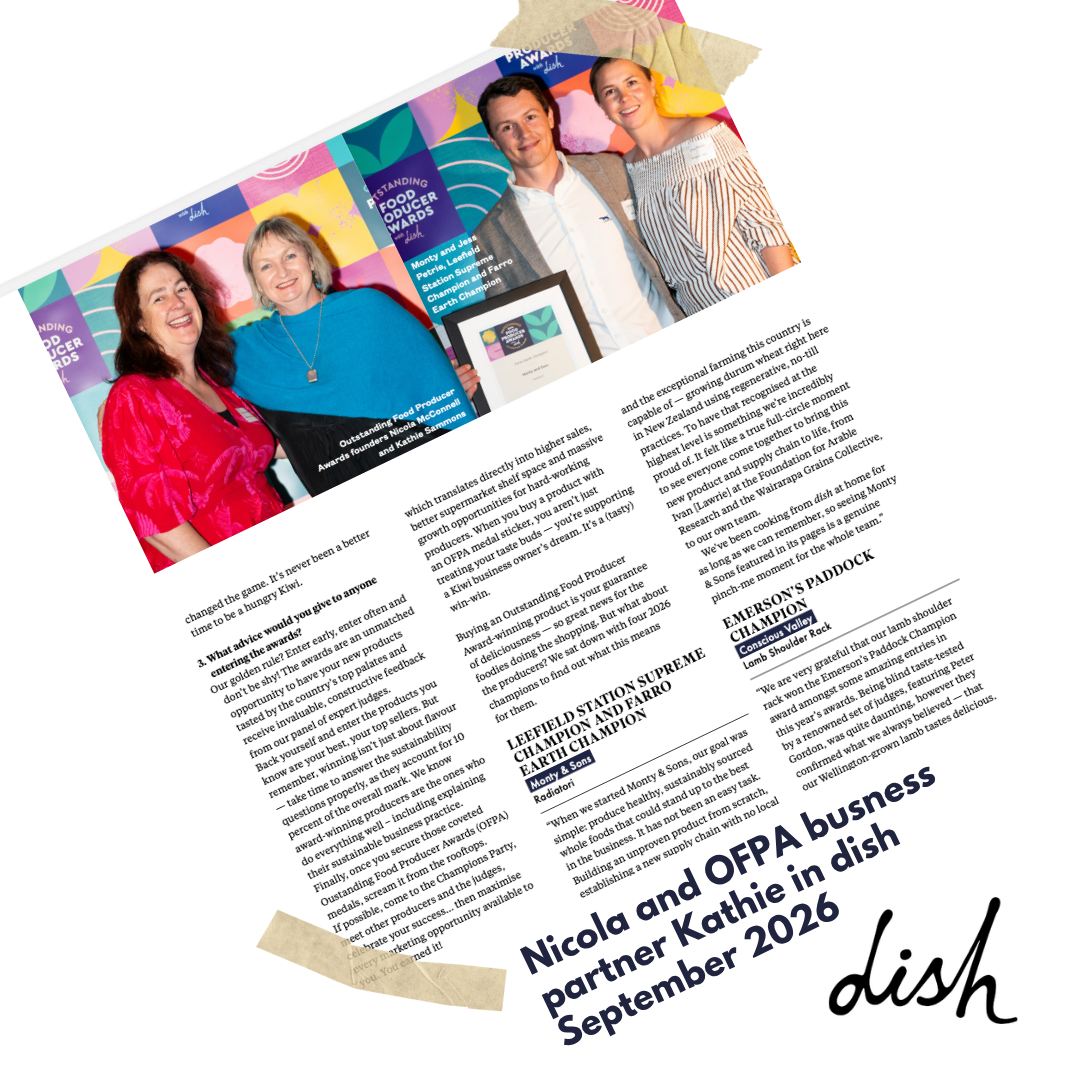 Nicola McConnell Eat Drink Dunedin Founder with her Outstanding Food Producer Awards business partner Kathie Sammons in New Zealand's leading food magazine, dish in August 2026