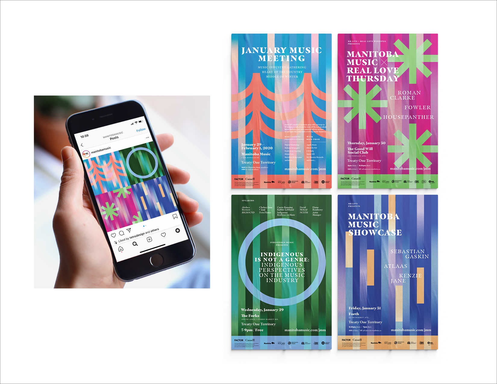6/9
Client: Manitoba Music • Agency: Tétro • My Role: Lead Designer
Serveral events hosted by Manitoba Music, all bringing musicians together, teaching and learning from one another. All four events were to be cohesive and inspired by winter.