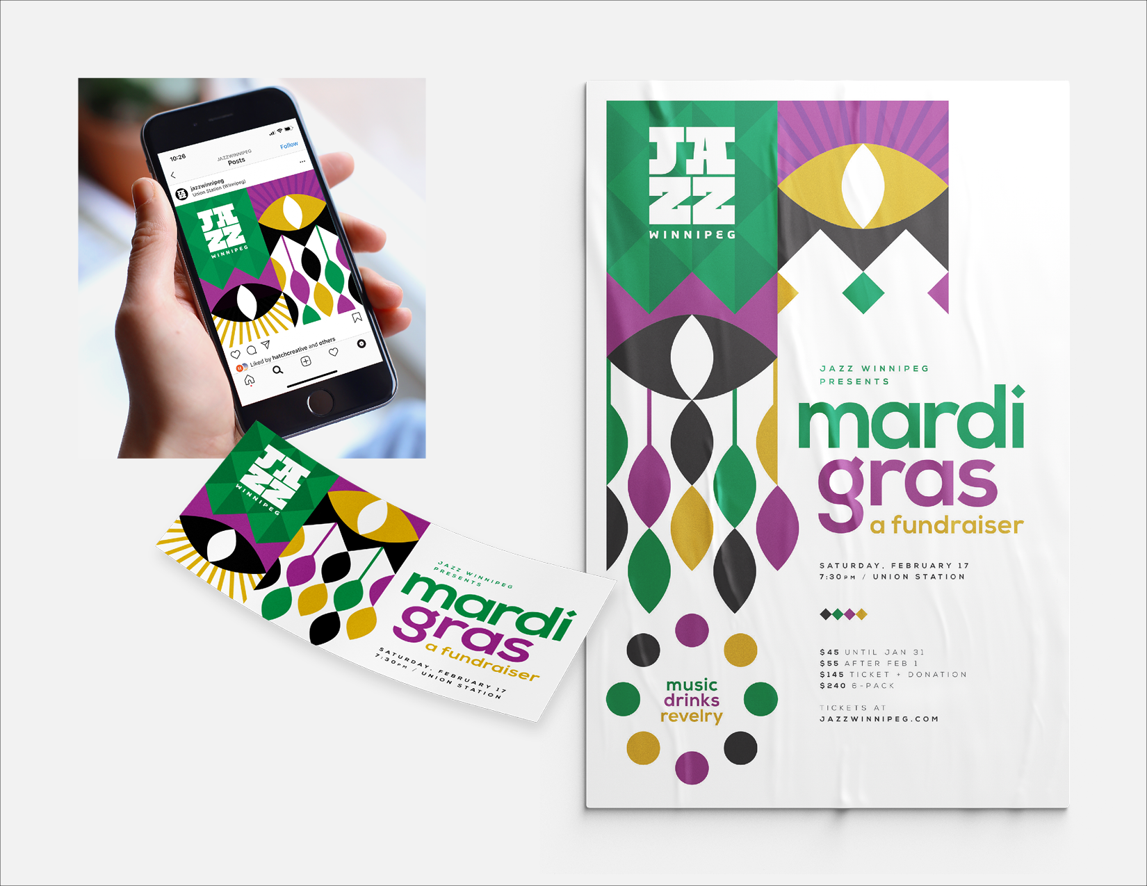 5/9
Client: Winnipeg Jazz • Agency: Tétro • My Role: Lead Designer
A fundraiser for the Winnipeg International Jazz Festival. This fundraiser theme was Mardi Gras.