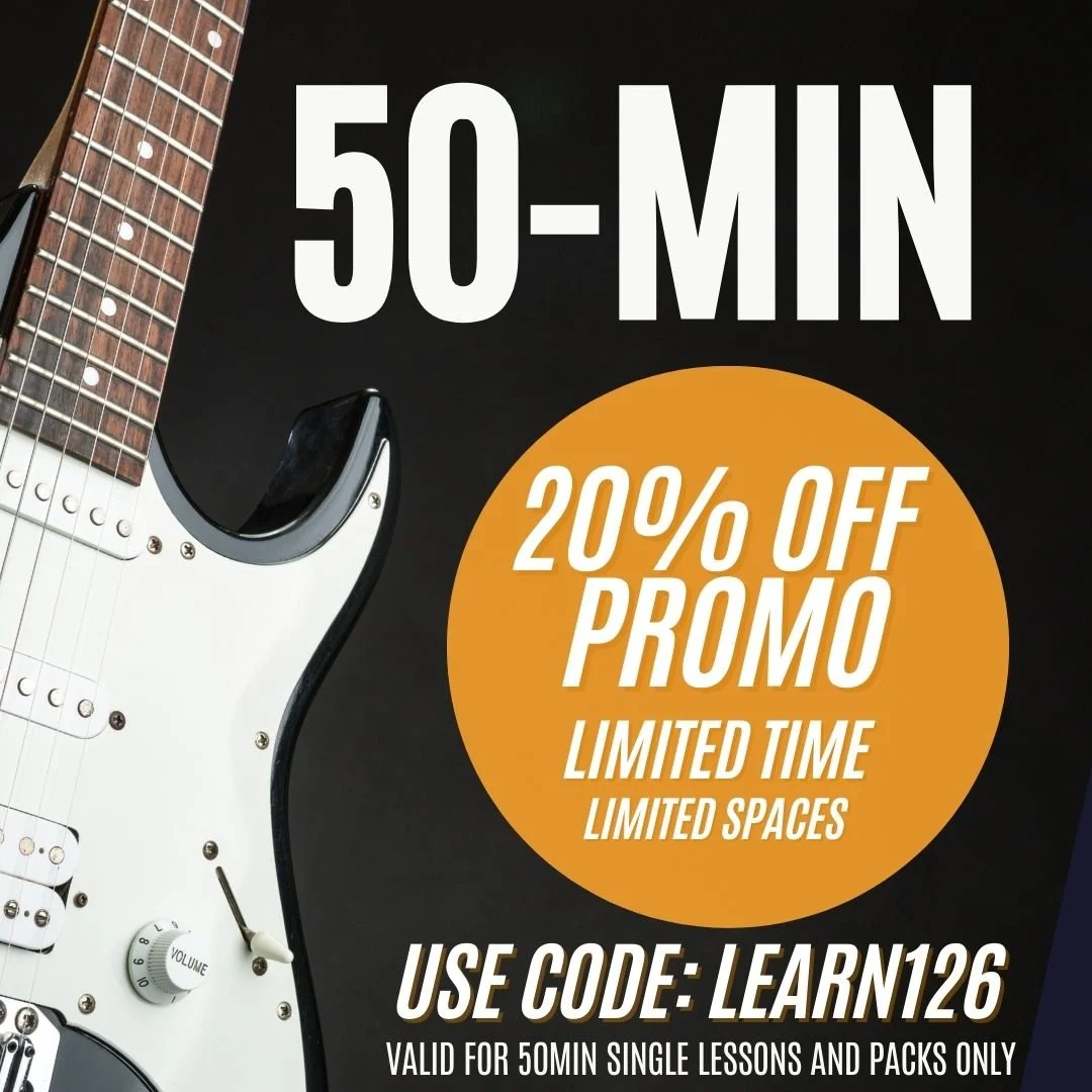Image Showing a Guitar and a promotional offer for 20% off 50 minute guitar lessons. with limited time and limited spaces available.