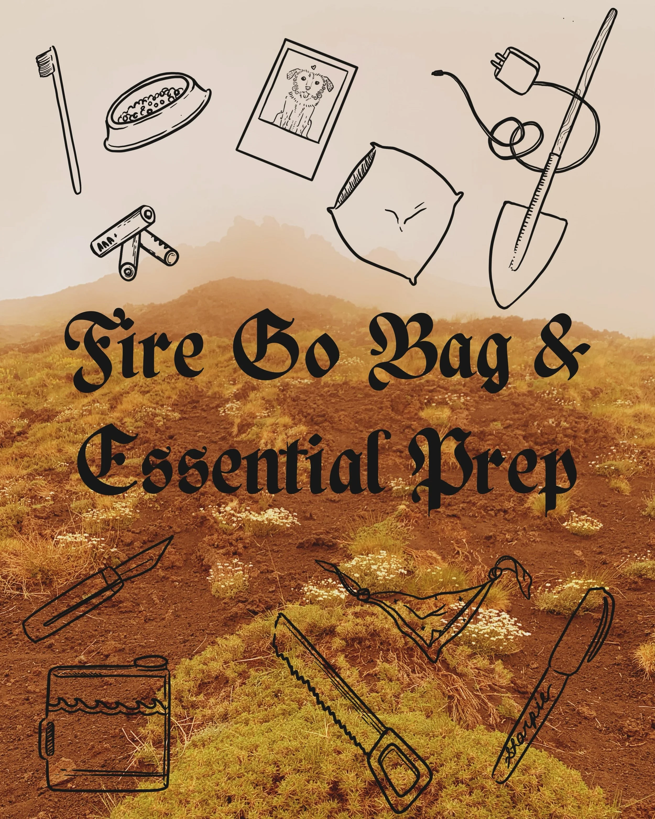 🔥 FIRE GO BAG AND ESSENTIAL PREP🔥

feeling for my hunnies in the interior and making some lists for ease &amp; support. please add what I forgot in the comments and screenshot to find again. consider preparing should you live in a high fire risk ar
