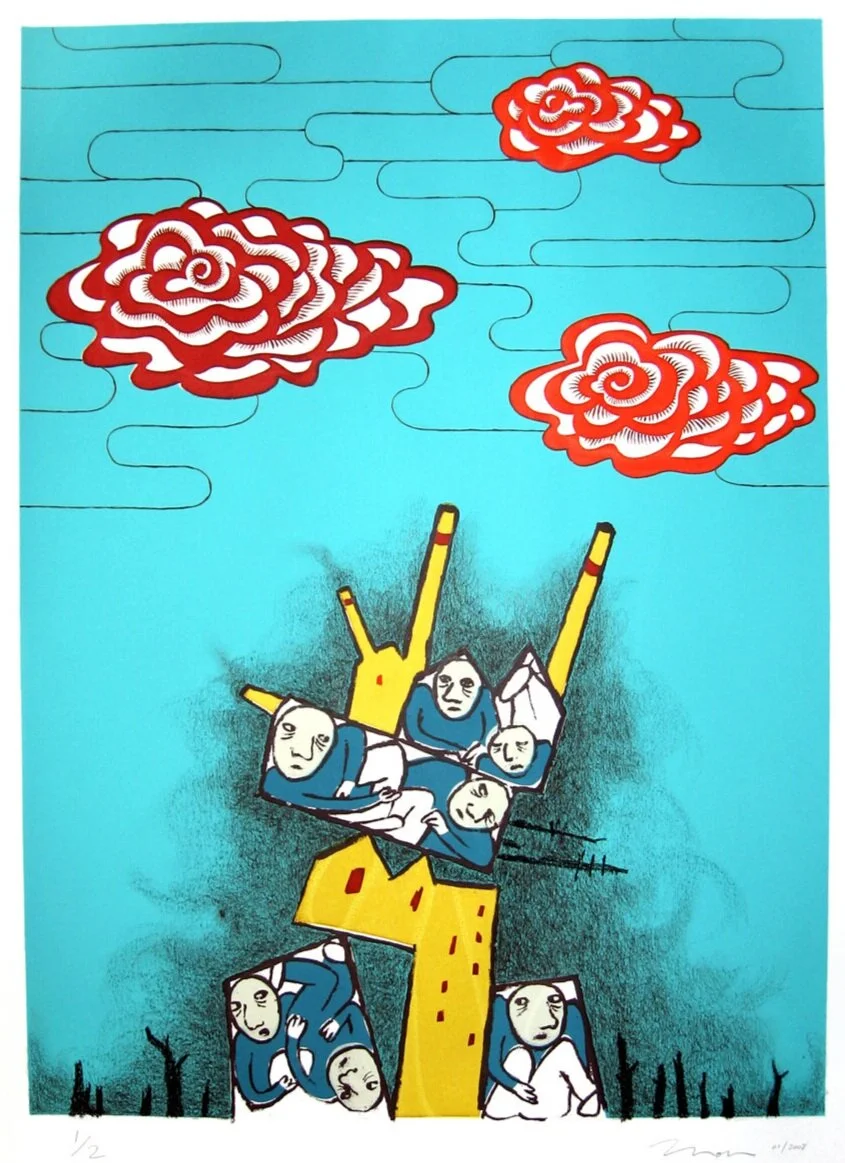 Economic Growth, 2008. Screenprint on paper with conté. SOLD.Collection of the Macau Centre for Printmaking.