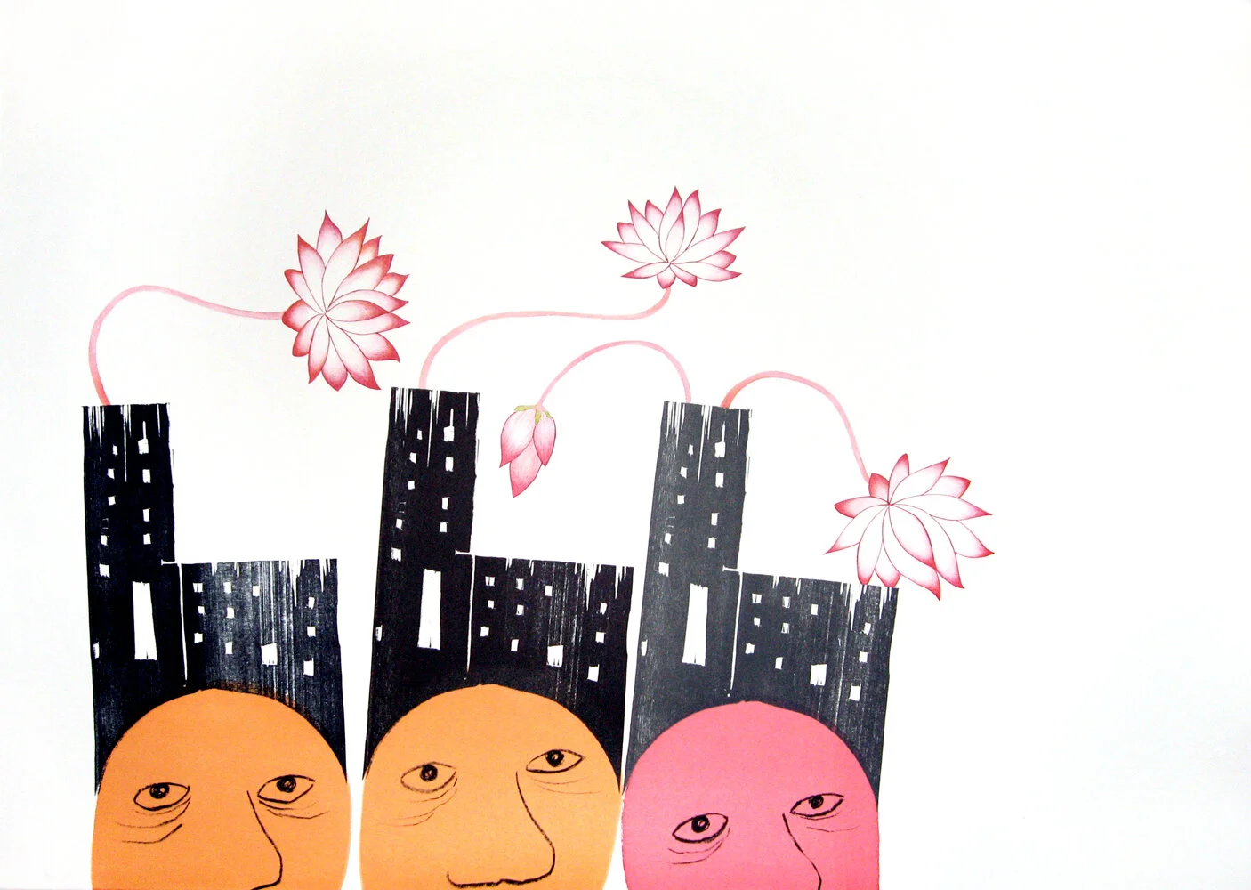 Lotus Heads, 1999. Woodblock print and screenprint on paper with colour pencils.