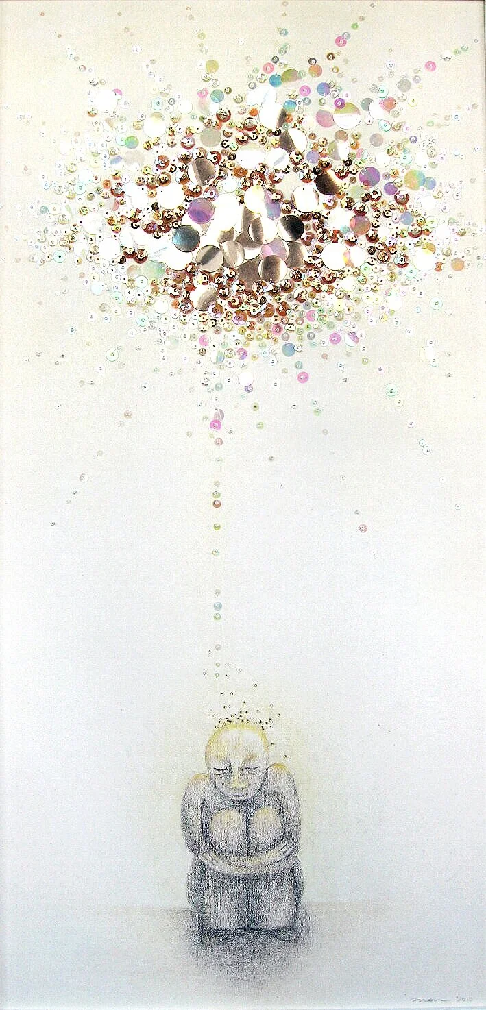Rising Star, 2010. Acrylic, pencil, pastel and sequins on canvas. SOLD.