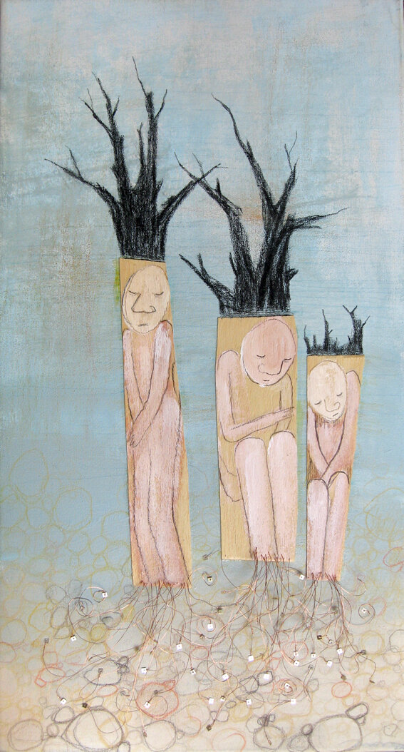 Take Root, 2010. Pencil, charcoal, acrylic, wood veneer, metallic sequins, copper wire on canvas.