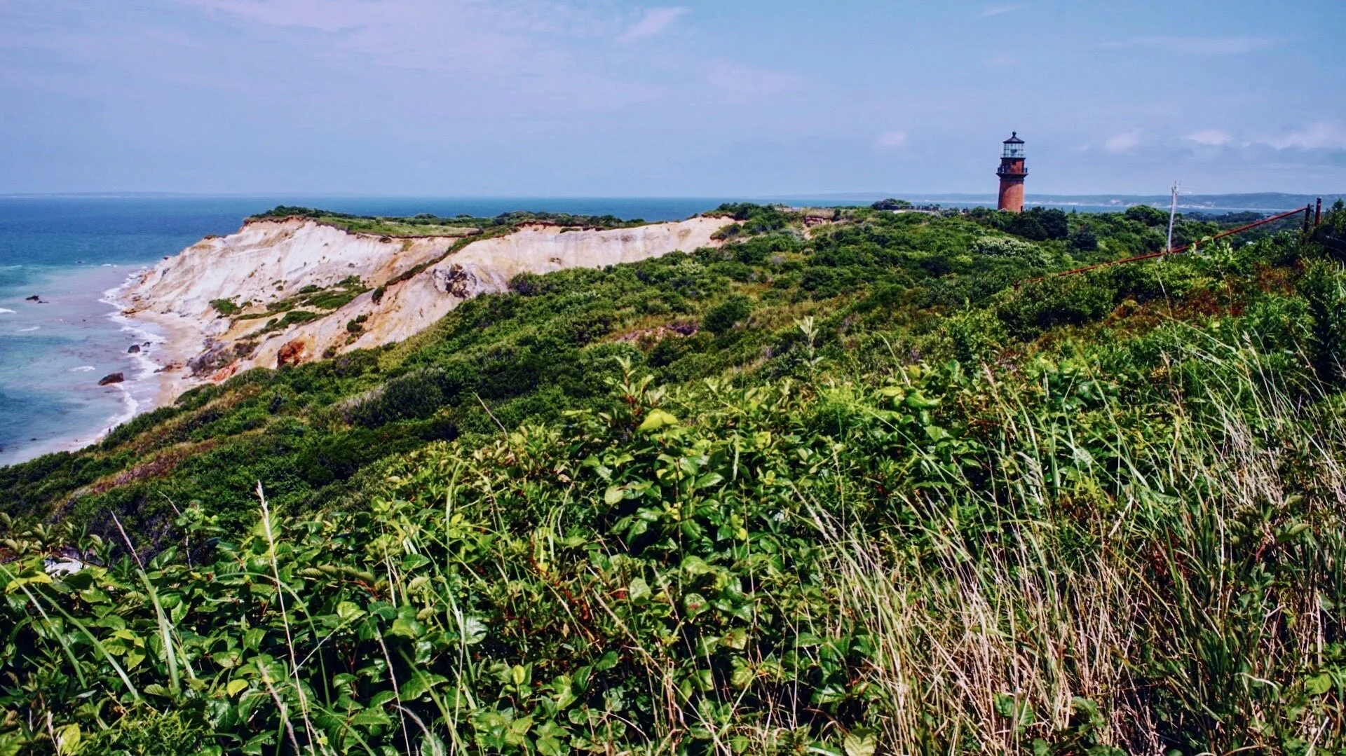 Coastal cliff with a lighthouse, beach, and greenery.