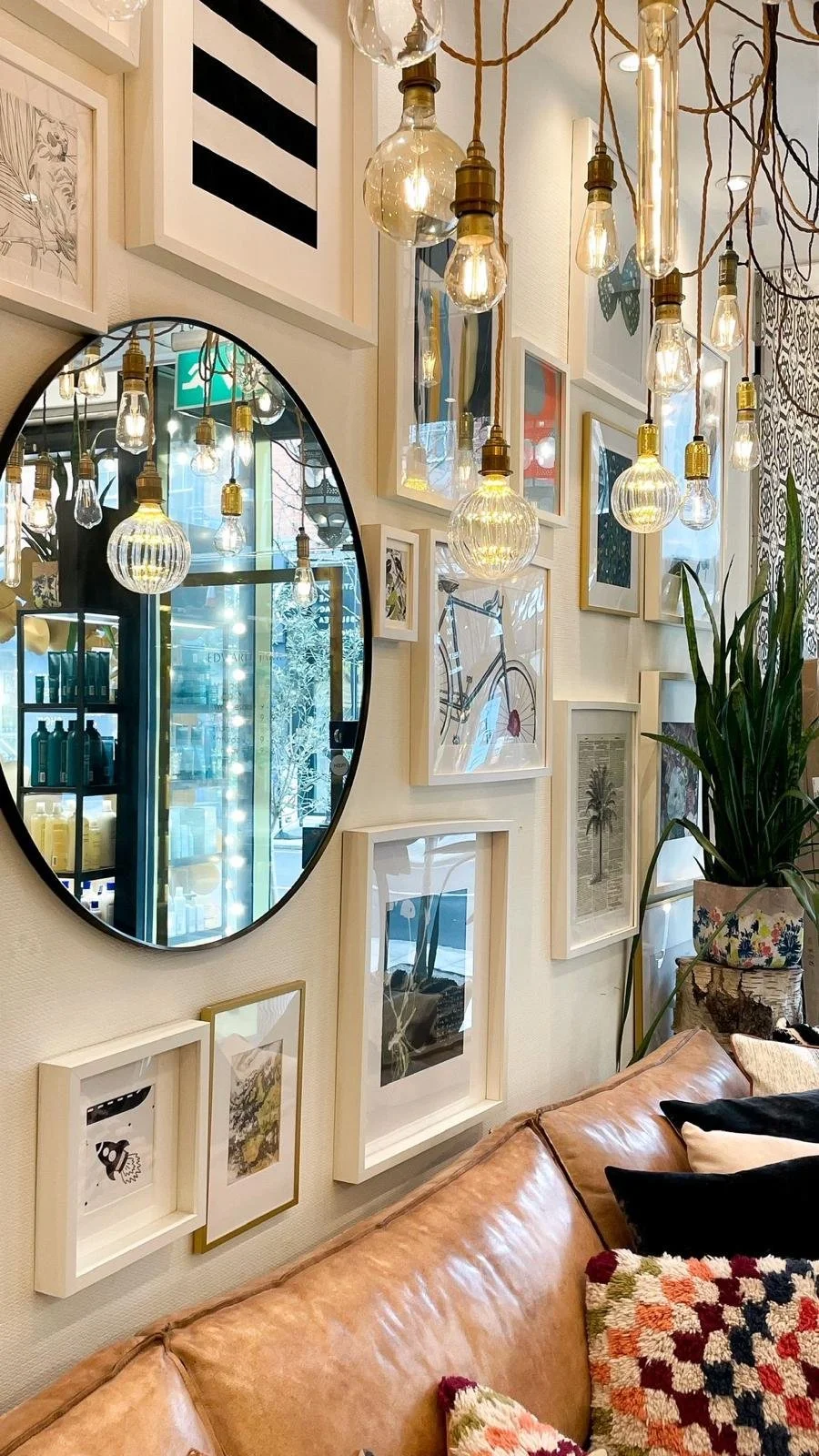 intricately decorated walls and hanging lights in putney salon